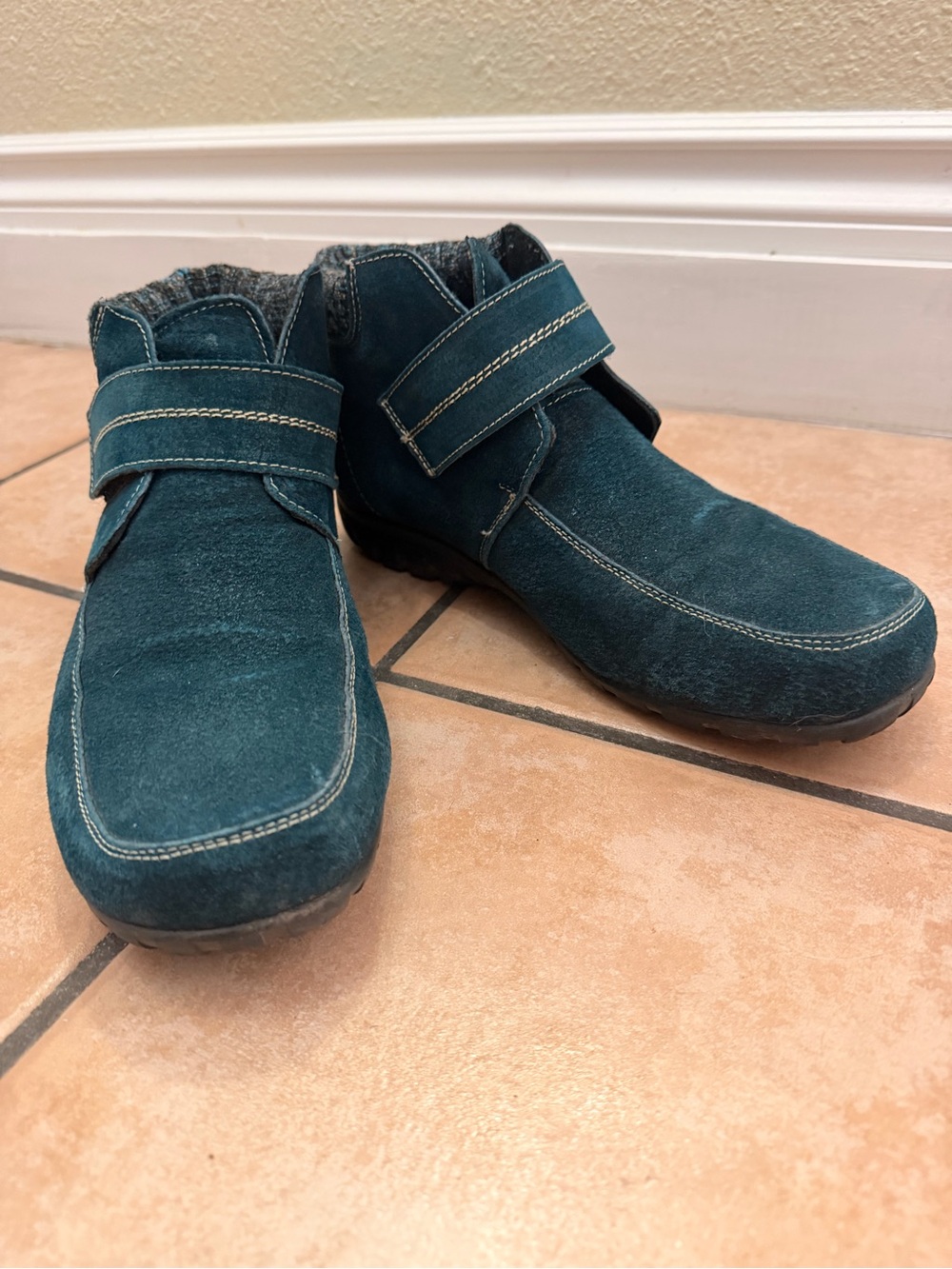Propet Teal Suede Ankle Booties with Hook-and-Loop Strap